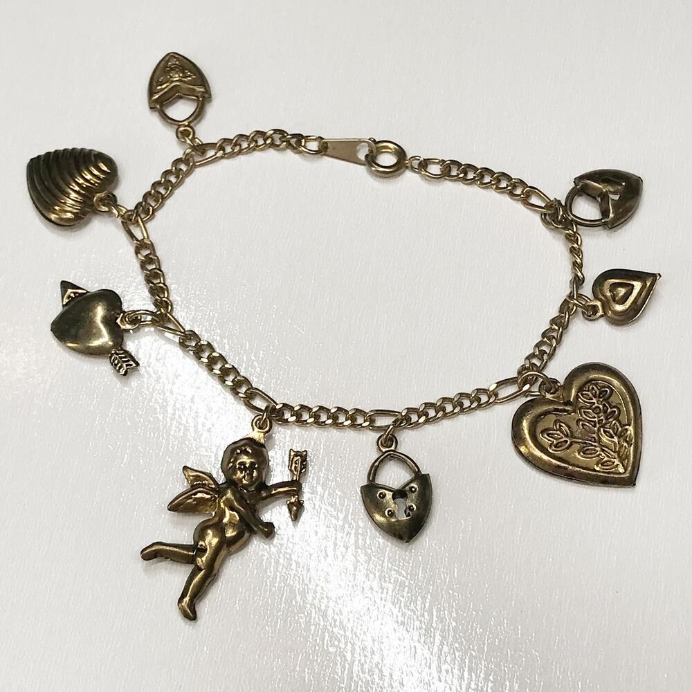 Vintage Cupid Angel Cherub Hearts Locket Charm Bracelet Dainty 6.5"